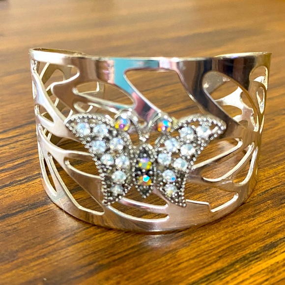 Vintage Butterfly Aurora Borealis Rhinestone Cuff Bracelet Silver Tone - Picture 1 of 5